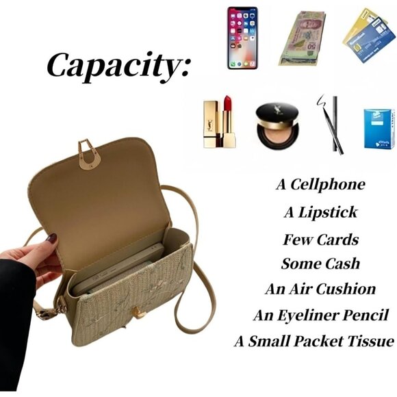 Women Small Embroidered Crossbody Braided Straw Bag Khaki Lightweight - Picture 7 of 7